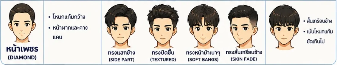 ทรงผมแนะนำสำหรับหน้าเพชร ทรงแสกข้าง ปัดขึ้น หน้าม้าเบา และทรงที่ควรเลี่ยงคือสั้นเกรียนข้าง
