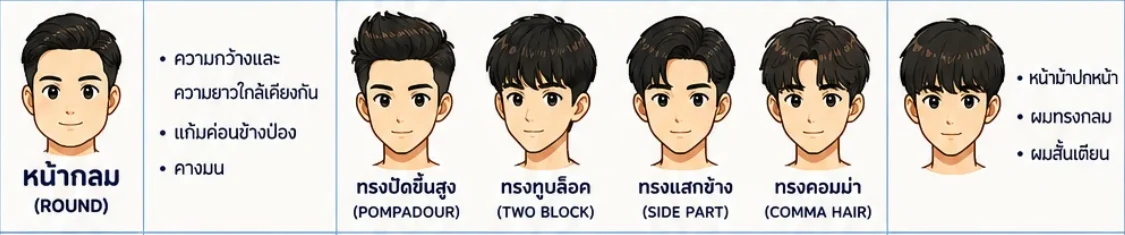 ทรงผมแนะนำสำหรับหน้ากลม ทรงปัดขึ้นสูง ทูบล็อก แสกข้าง คอมม่า และทรงที่ควรเลี่ยงคือหน้าม้าปกหน้า
